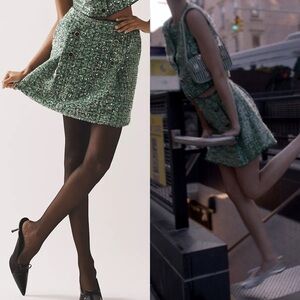 Anthropologie Sequined Green Tweed Mini Skirt